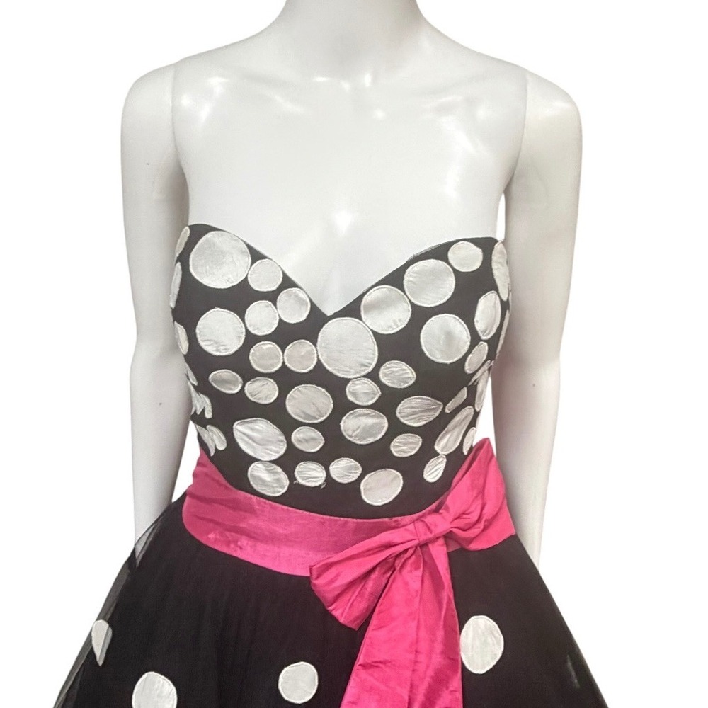 Jovani Black White Polka Dot Tulle Ball Gown Pink Sash Strapless Prom Dress 4 - Picture 5 of 7